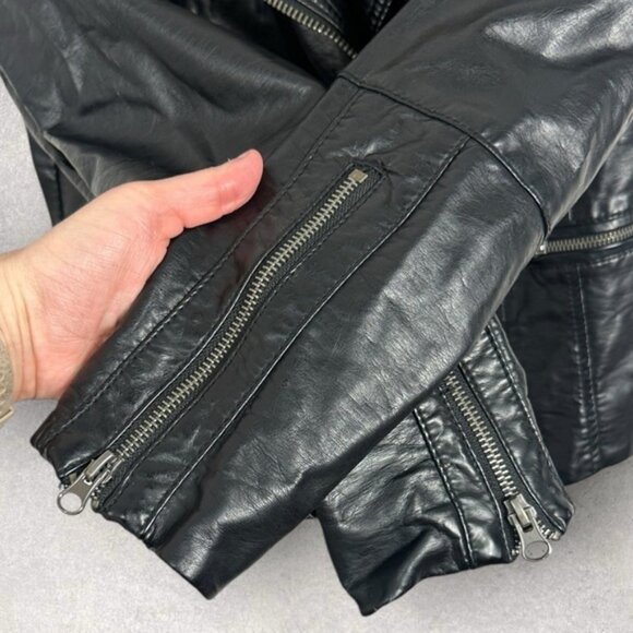 Free People Quilted Vegan Collarless Leather Jacket Black Size 4 Moto Biker Coat - Picture 7 of 15